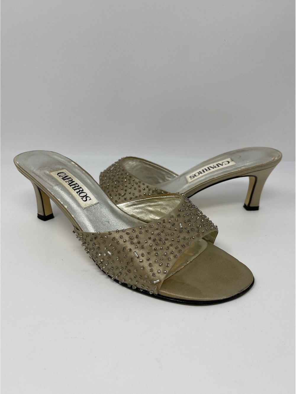 Caparros Womens Size 7.5 B Gold Beaded Satin Slide Sandals Kitten Heels Party